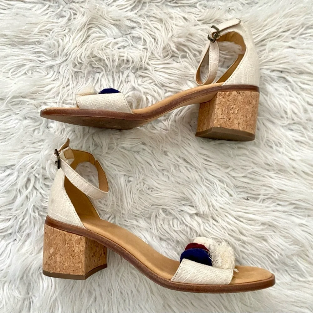 Soludos Capri Pom Pom Fringe Block Heel Sandal Ankle Strap Size 9.5 Open Toe
